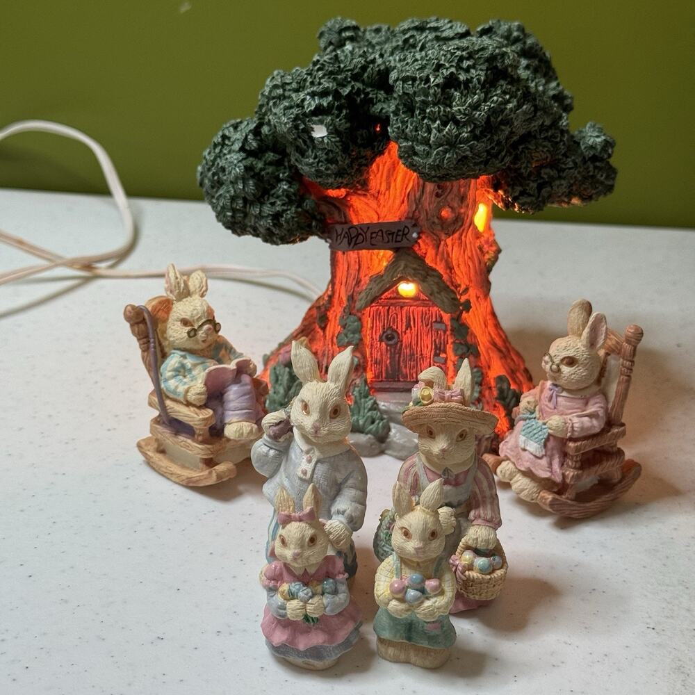 7 Pc Bunny and Lighted‎ Tree House Set 90s Resin Easter Spring Decoration Box - Picture 4 of 12